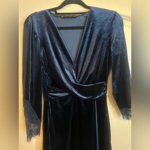 ZARA Crushed Velvet Navy Cocktail/Evening Dress with Lace Trim